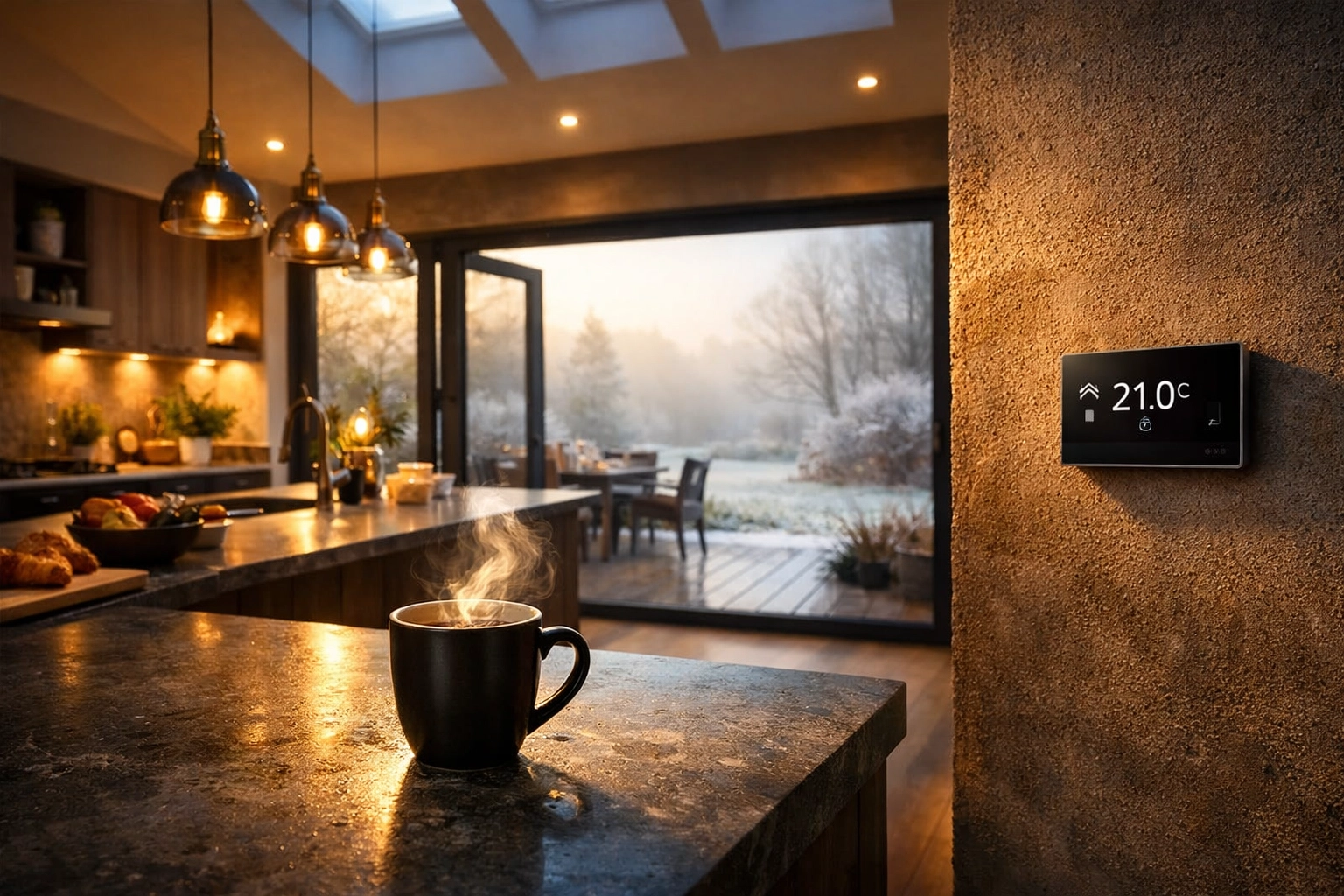 Warm kitchen extension in West Sussex with bi-fold doors, illustrating energy efficiency and building regulations.
