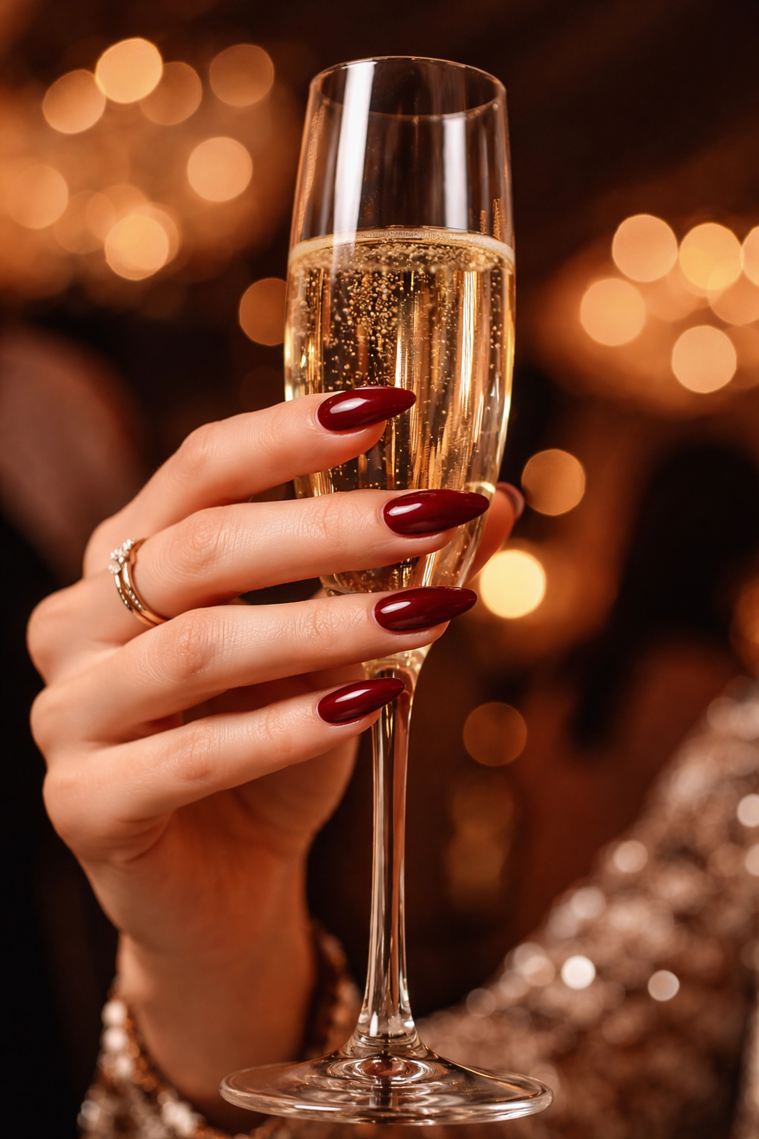 Elegant hand with a flawless burgundy Russian manicure holding a champagne glass at an upscale Boston event.