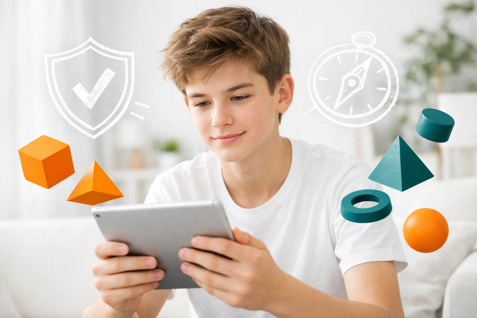 A teenage boy using a tablet confidently, representing digital stewardship and ICT training for teens.