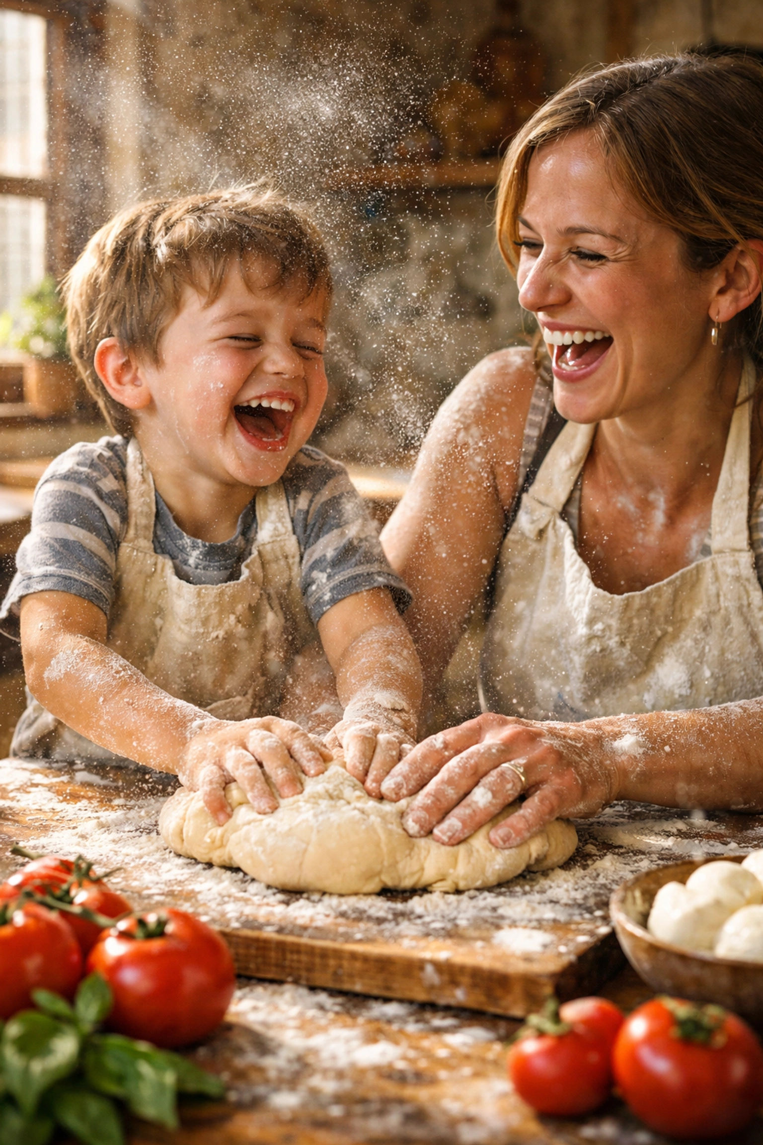 Mother and child kneading dough in a cooking class, a memorable and fun family travel activity.