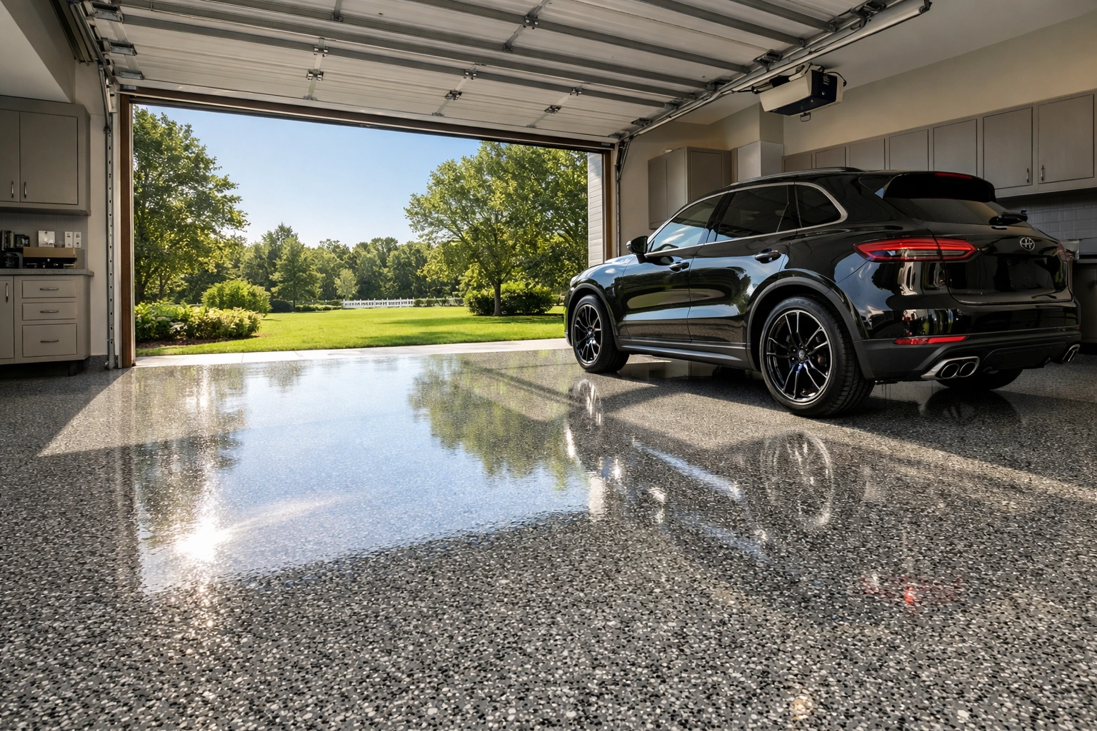 Modern grey-scale polymer flake flooring installed in a luxury Madison MS garage.