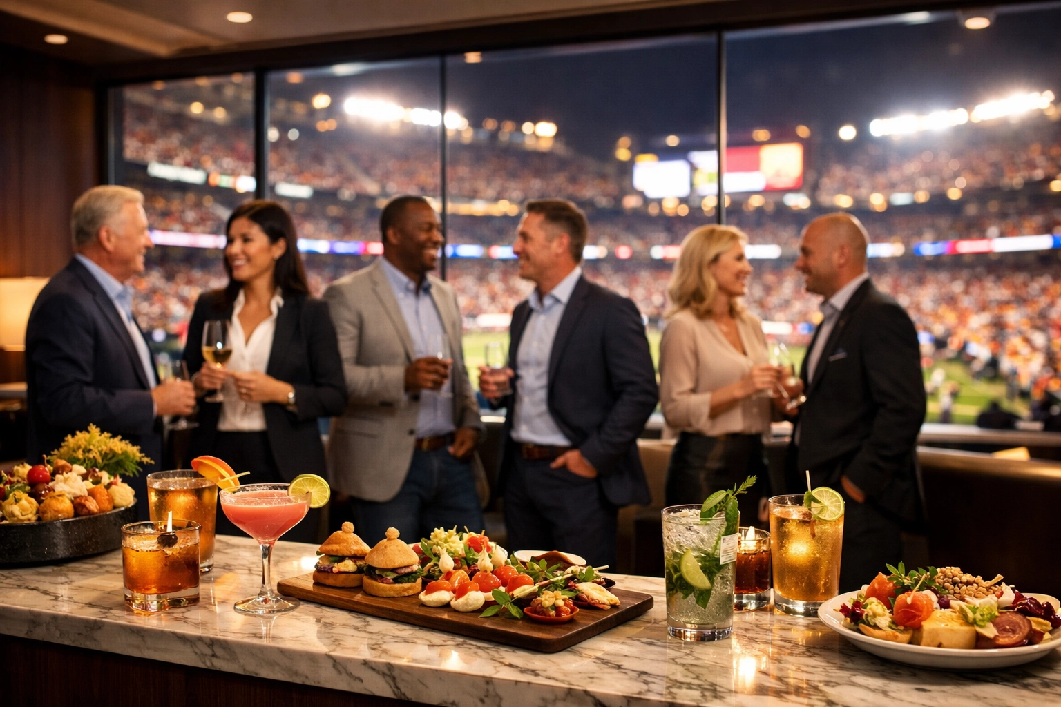 NEWSLETTER: The Ultimate Guide to High-Stakes Super Bowl Travel Management: Everything You Need to Succeed Corporate executives networking in a luxury Super Bowl stadium suite with premium hospitality.