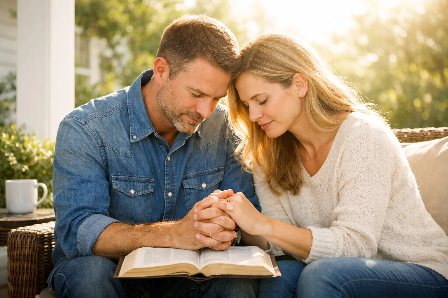A Christian husband and wife praying together outside, showing Spirit-empowered daily living.