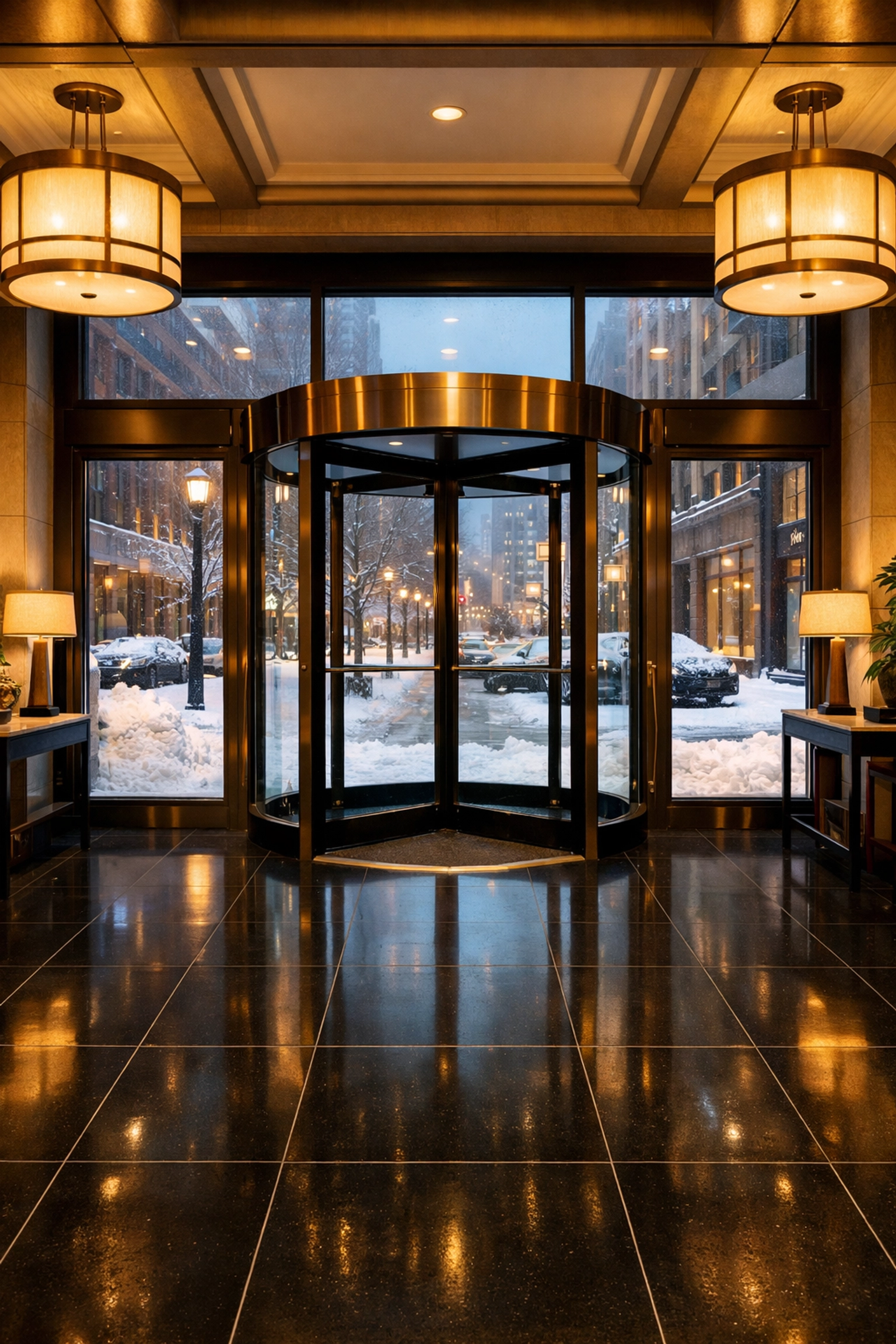 Spotless commercial entryway in Detroit during winter, free of salt residue and slush on the tile floors.
