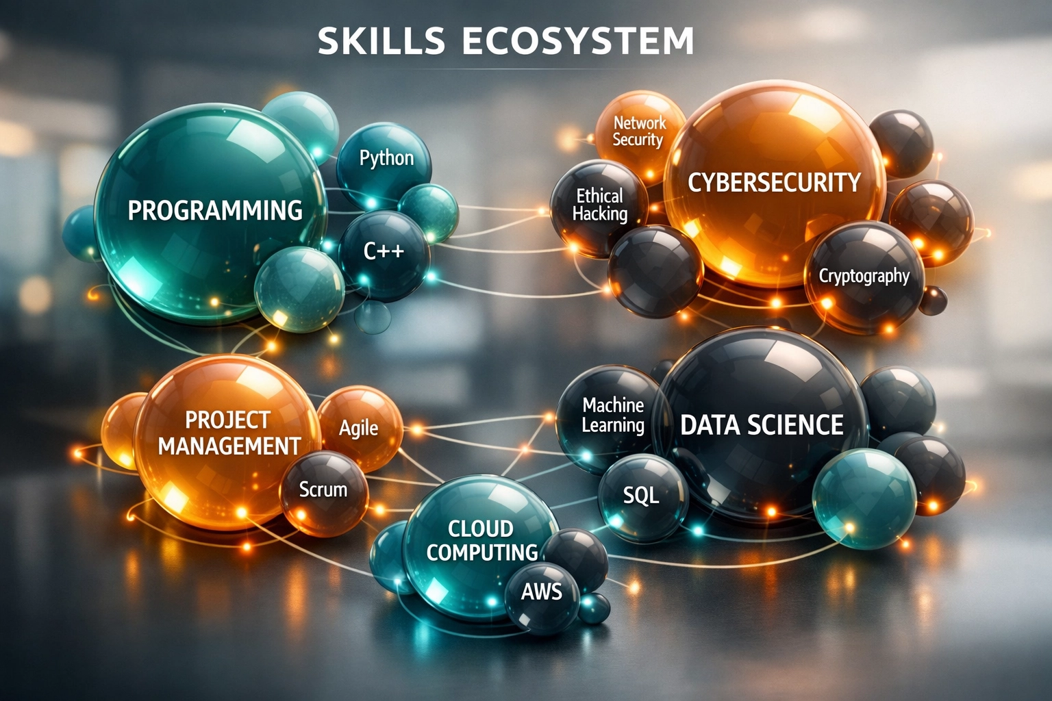 A digital skills ecosystem showing interconnected tech competencies for AI resume ranking.