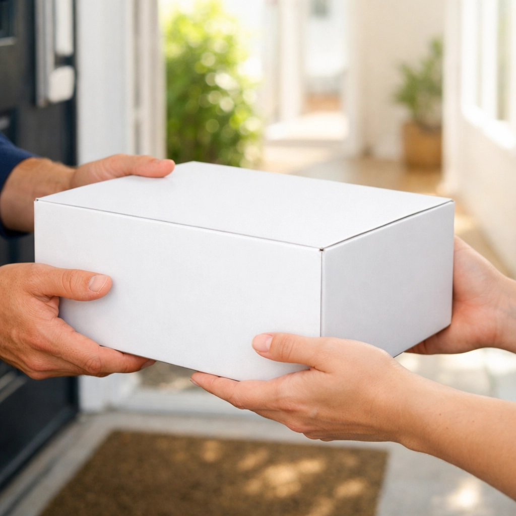 Discrete delivery of weight loss medication in a plain white box arriving at a customer's modern doorstep.
