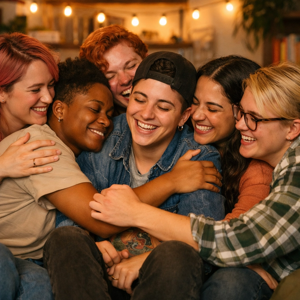 LGBTQ+ chosen family embracing and supporting trans masculine community member