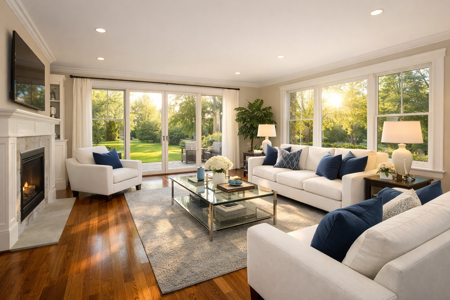 Sun-drenched modern living room in Natick MA with polished hardwood floors and white furniture.
