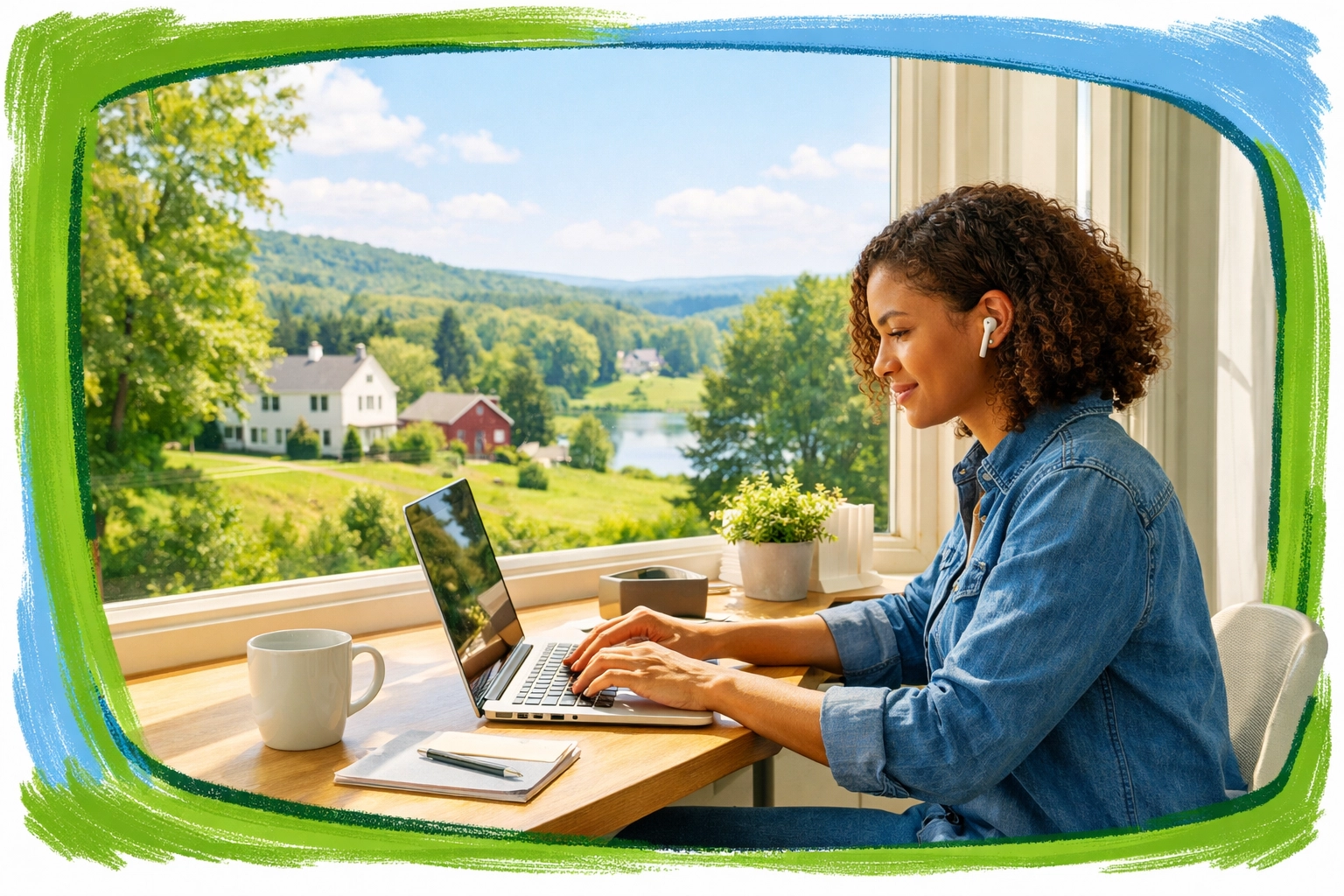 Remote worker at home office with Connecticut neighborhood view