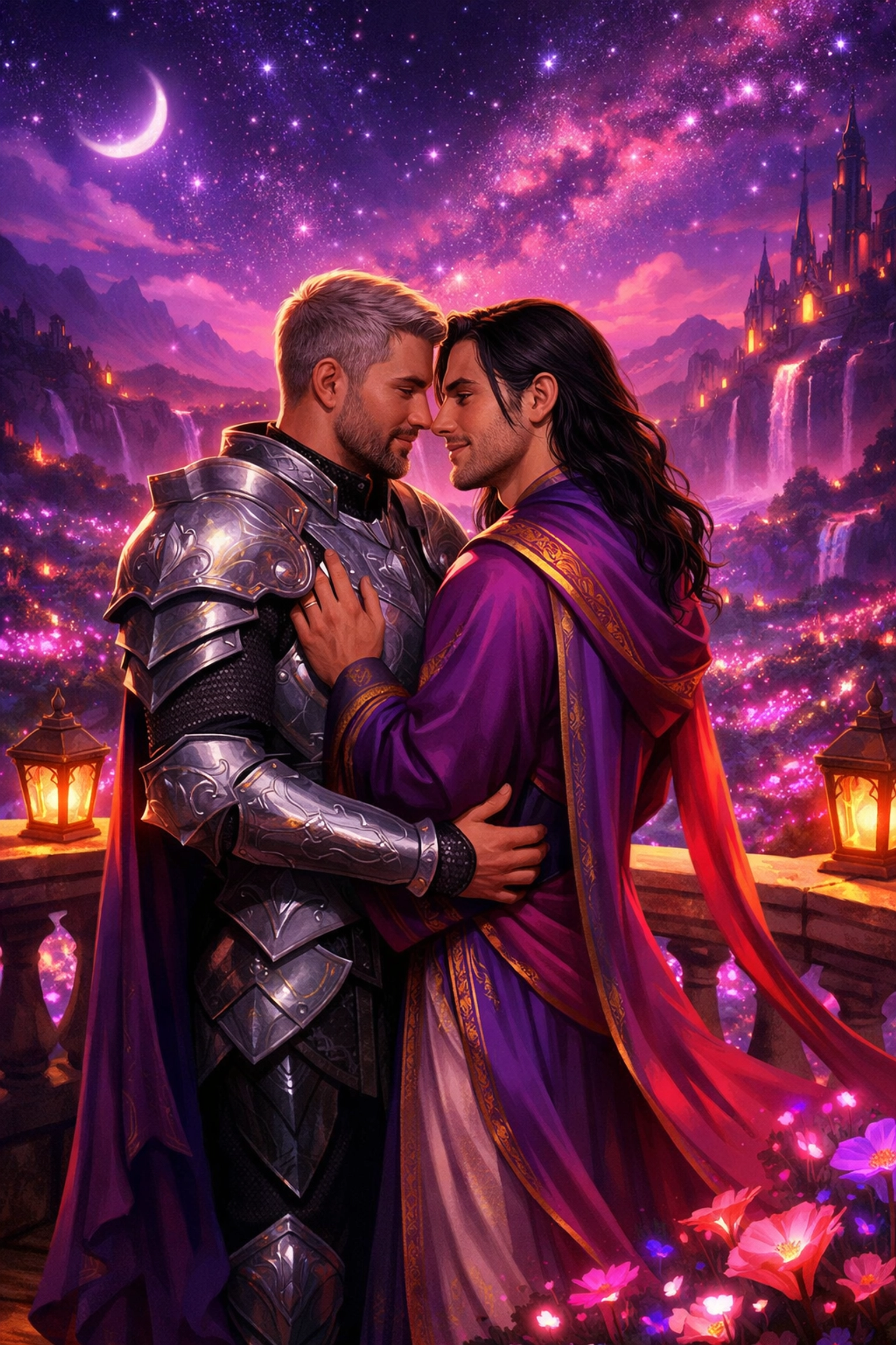 A gay couple in a magical fantasy setting, illustrating the rise of happy endings in MM fantasy novels.