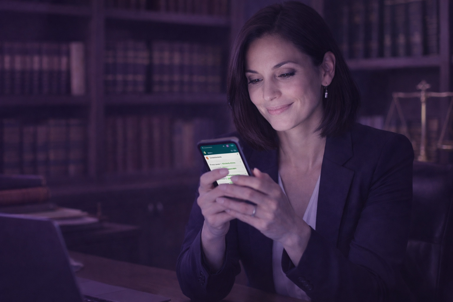 Professional woman using WhatsApp for instant legal help in a modern home office setting.