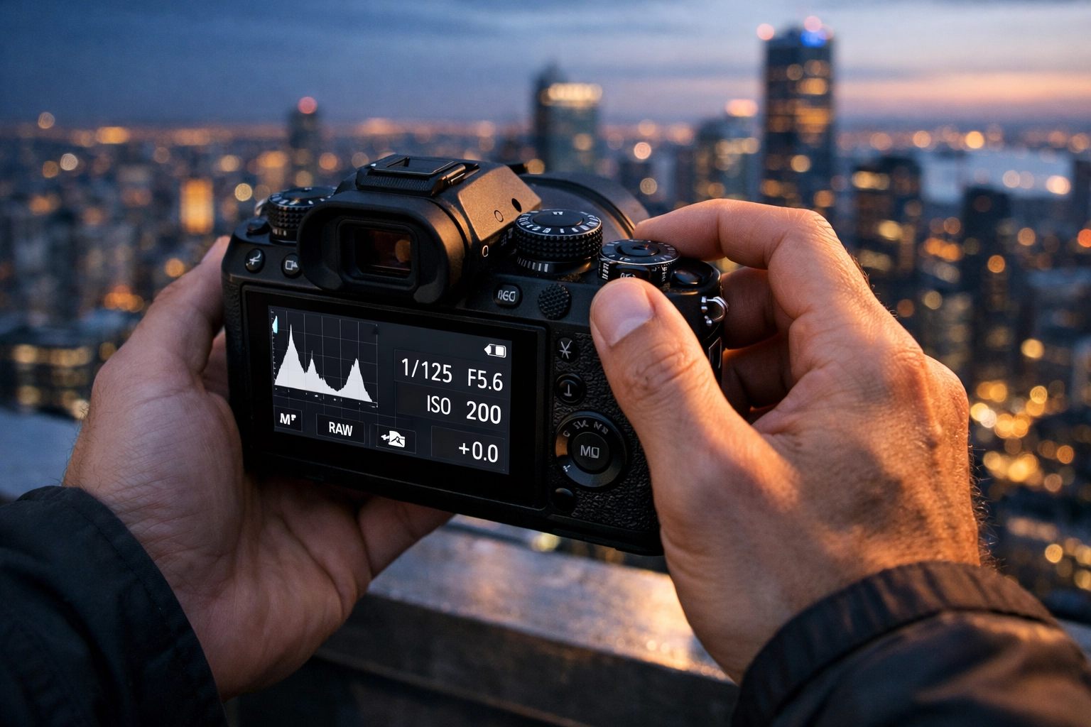 How to use manual mode camera settings on professional mirrorless cameras for cityscapes.