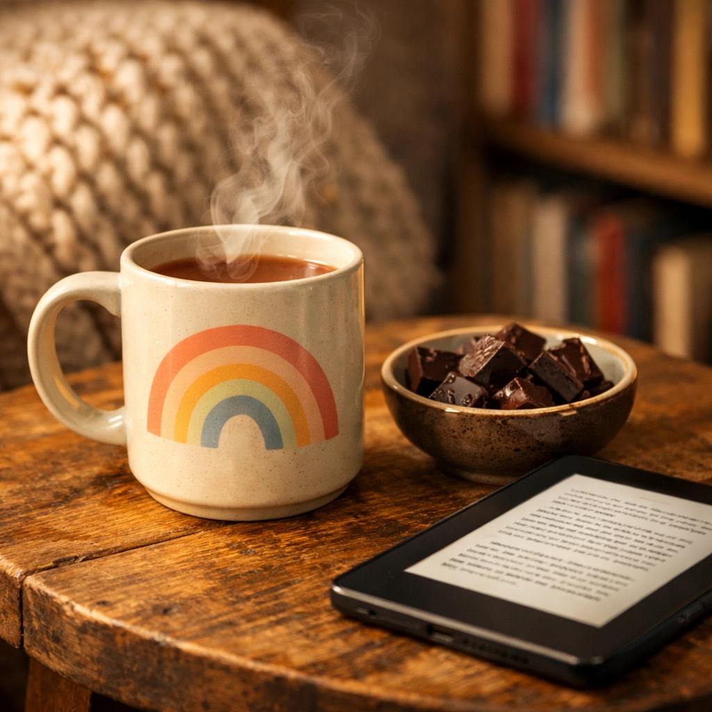 Close-up of a reading nook side table with a rainbow mug, chocolate snacks, and an e-reader for an MM romance marathon.