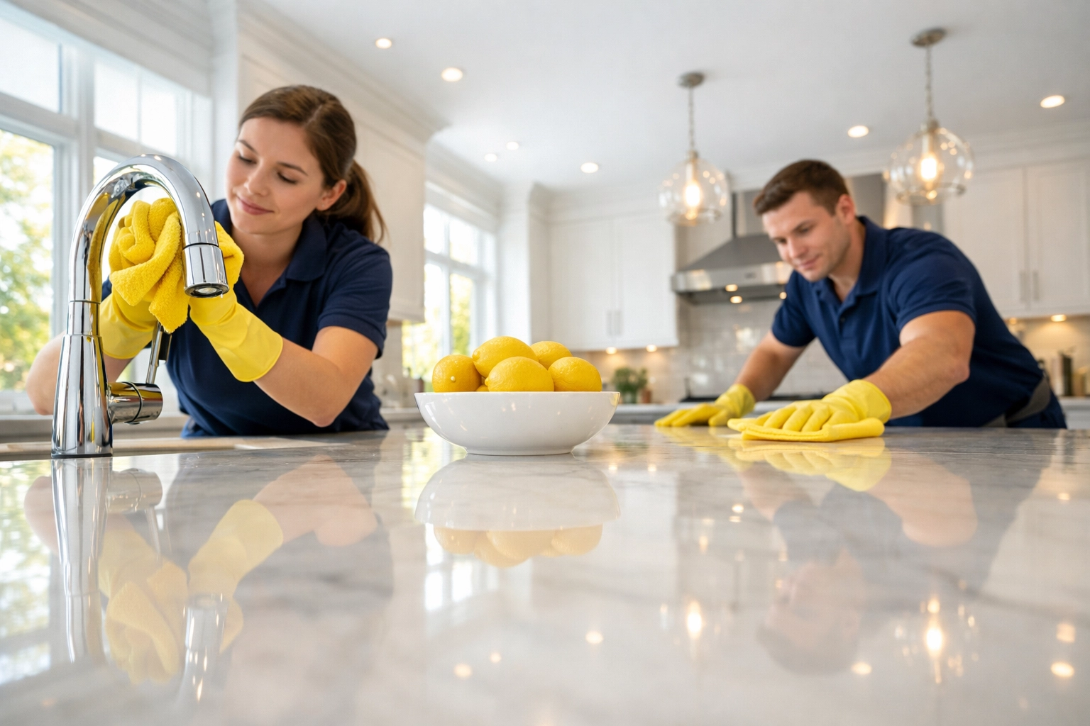 Professional team providing expert house cleaning services in MA for a luxury sparkling kitchen.