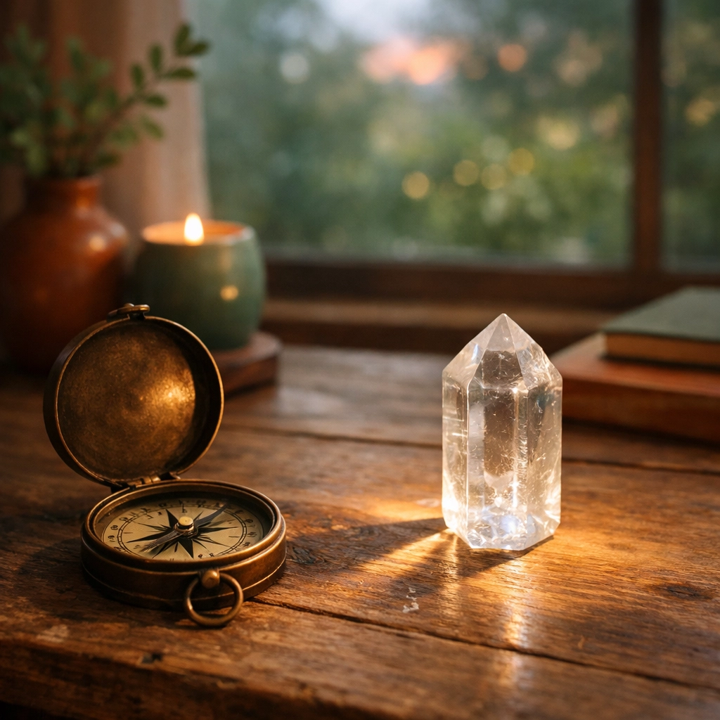 An antique compass and crystal on a desk representing the direction to transformation and self-forgiveness.
