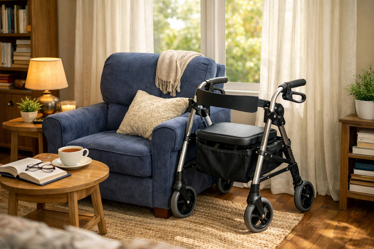 Mobility walker parked within reach of a chair to prevent falls when standing.