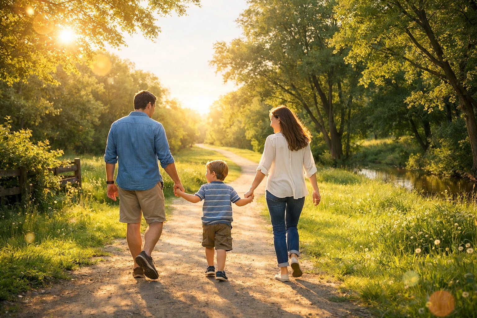 A restored nuclear family walking on a path, showing the peace and strength found in Jesus at FA Memphis.