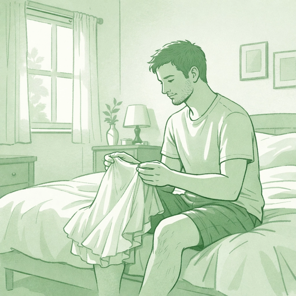 Gay man privately exploring cross-dressing while holding feminine clothing in bedroom