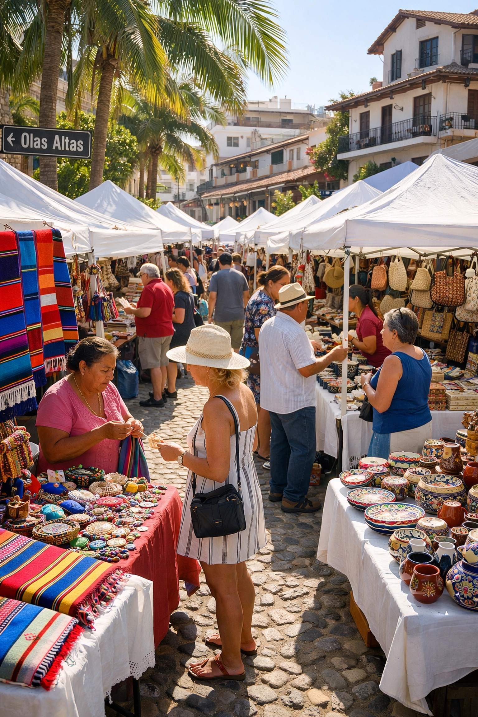 Colorful artisan crafts and textiles at Puerto Vallarta Saturday morning market
