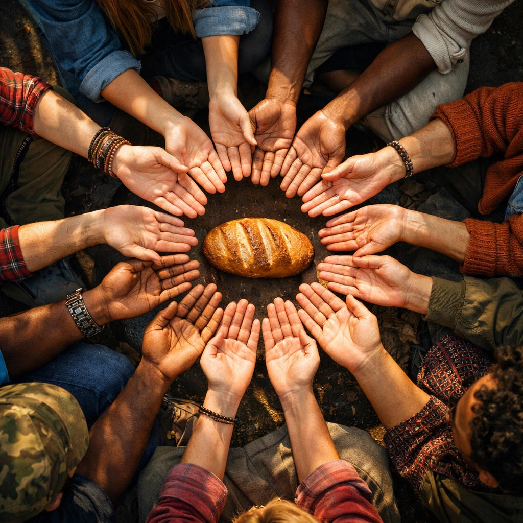 Diverse community sharing bread together symbolizing unity in humanitarian aid efforts