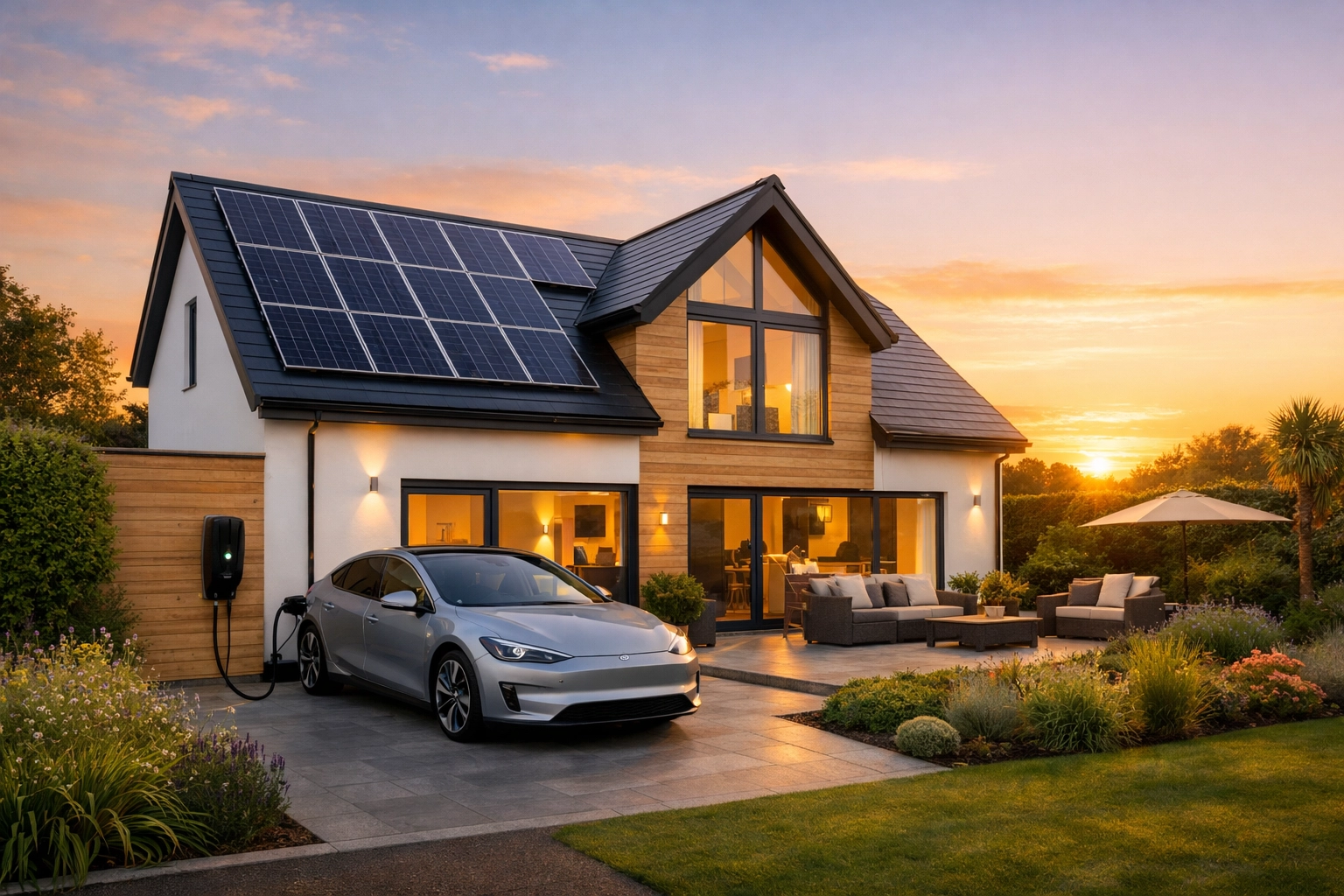 Modern Bournemouth home with solar panels and an electric vehicle charging station at sunset.