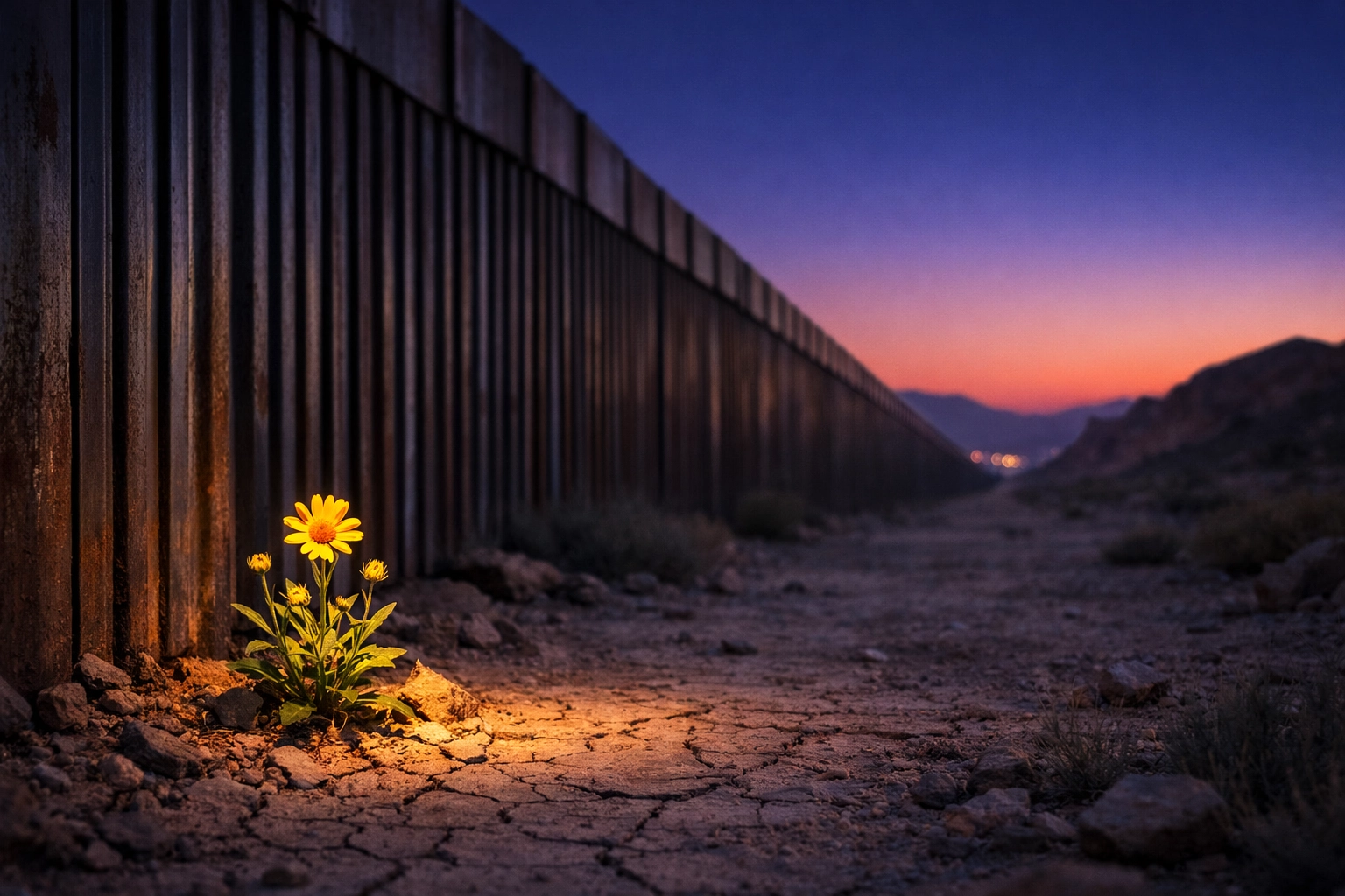 A desert wildflower grows near the border fence at sunset, representing hope and peace in a difficult region.