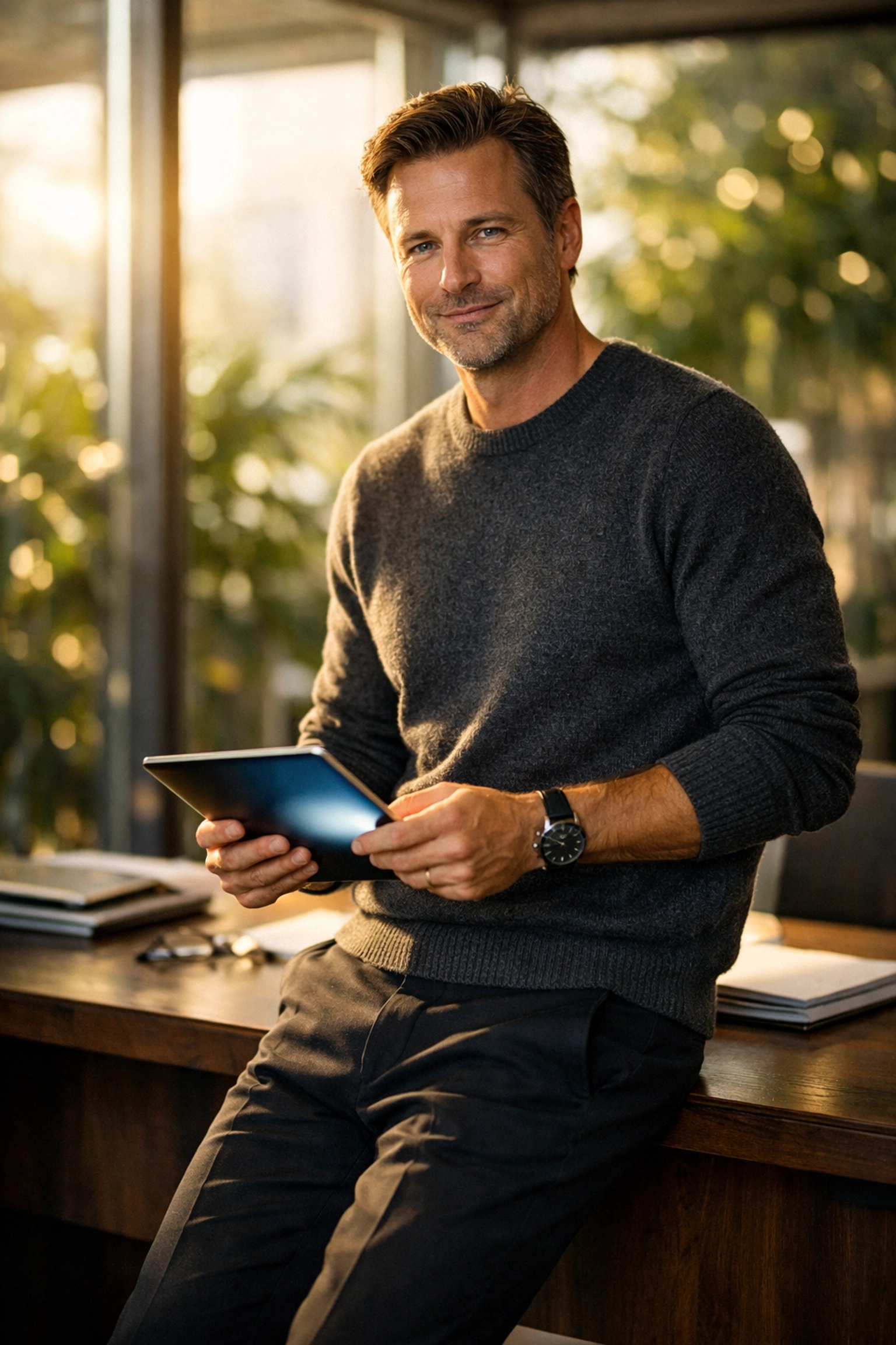 A confident CEO using a tablet in a modern office to build a professional personal brand on LinkedIn.