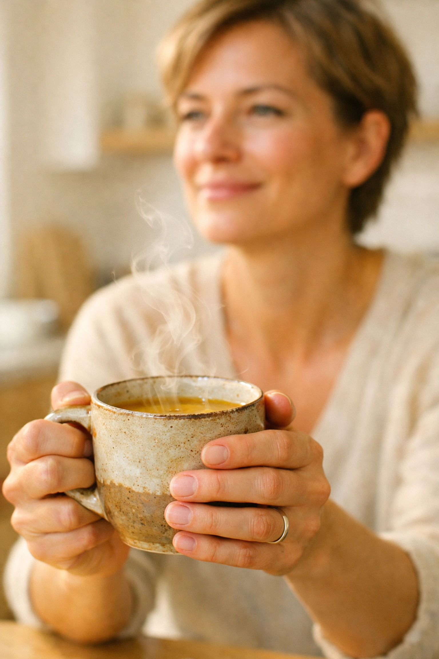 Healthy person drinking a warm mug of bone broth in a modern kitchen for morning vitality.