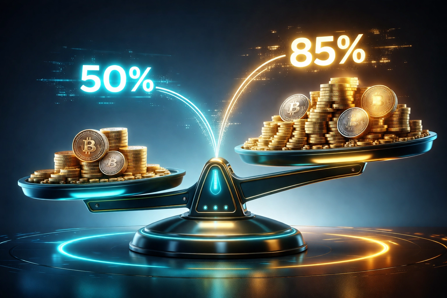 Scale showing crypto POS fee savings of 85% comparing traditional processors to Larecoin for small businesses