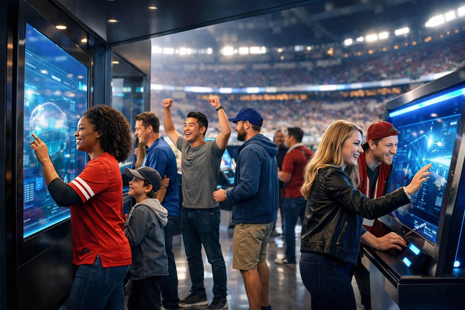 Interactive sports sponsorship activation zone featuring fans engaging with digital media solutions in an arena.
