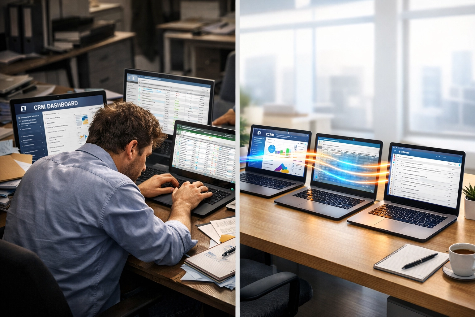 5 Steps to Automate Business Processes Without Hiring a Developer (Easy Guide for Small Teams) 3 Manual work versus automated workflow showing synchronized data across business systems