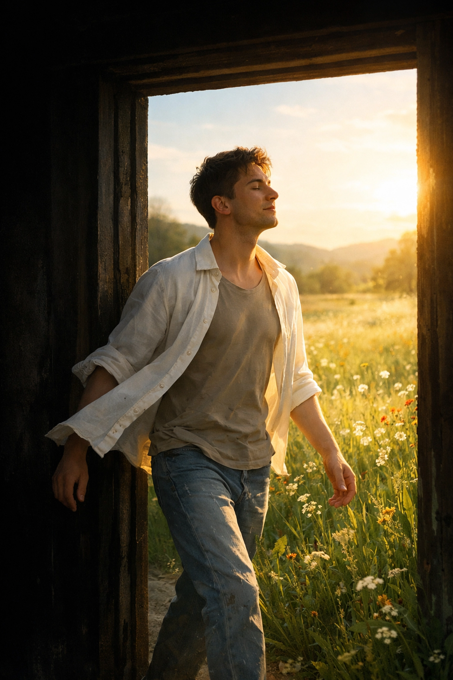 Young gay man steps into a sunlit meadow, illustrating the spiritual journey of coming out and living authentically.