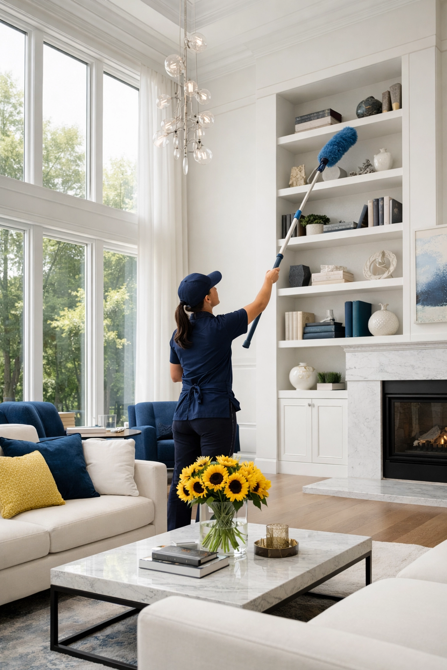 Professional top-down house cleaning in Westford showing a cleaner dusting high bookshelves in a luxury home.
