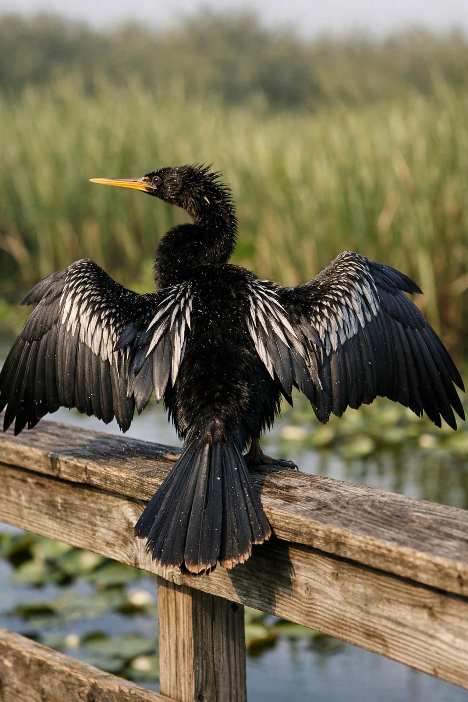 Anhinga drying its wings on a boardwalk at Anhinga Trail, a premier Everglades wildlife photography location.