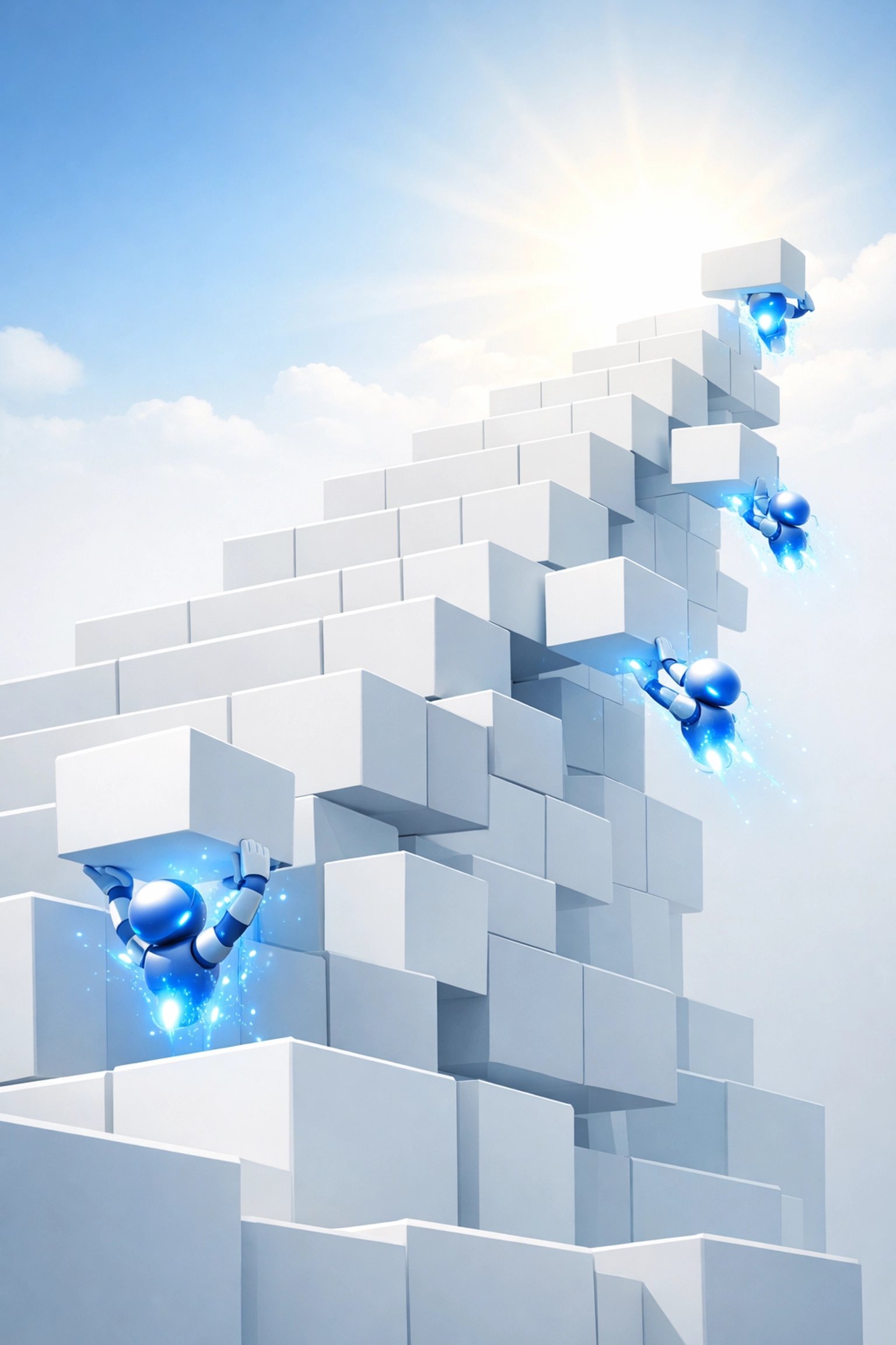 A rising staircase built by digital agents symbolizing autonomous small business growth and scaling through AI.