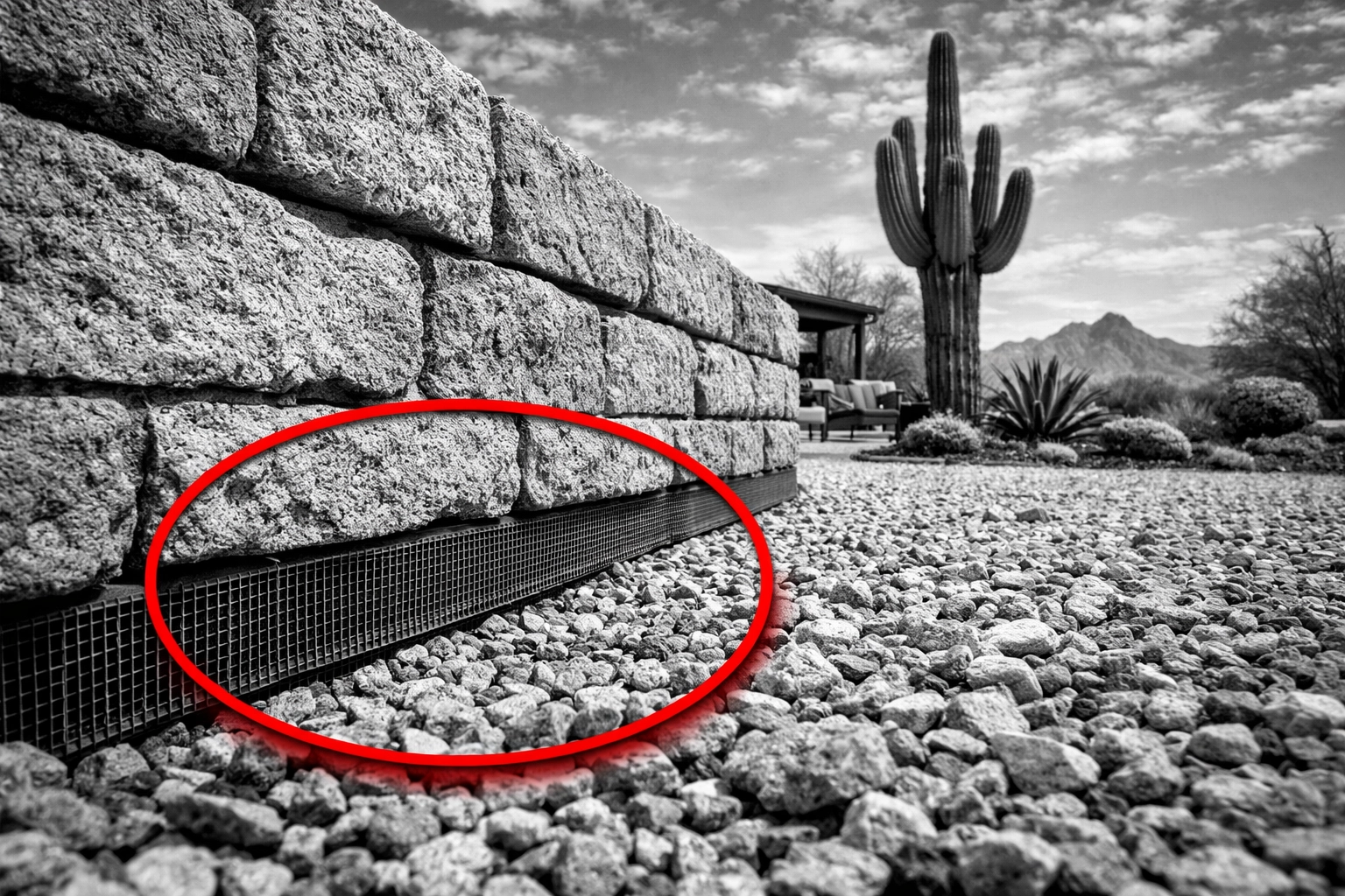 Professional snake-proof mesh fence installed along a stone wall in a San Tan Valley backyard.