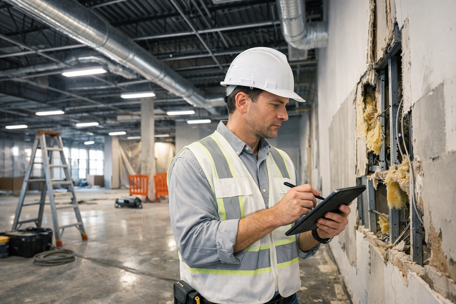 Environmental technician performing an asbestos survey in a commercial building for renovation compliance.