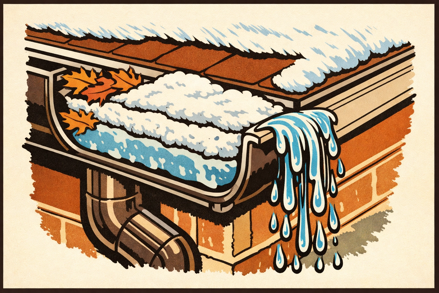 Clogged gutter cross-section showing ice, snow, and debris causing water overflow