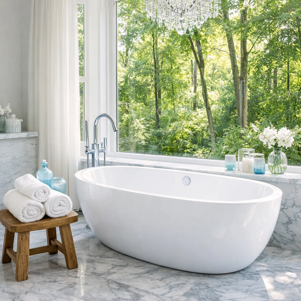 Spa-like master bathroom with a freestanding tub and marble floors after expert deep cleaning in Foxborough.
