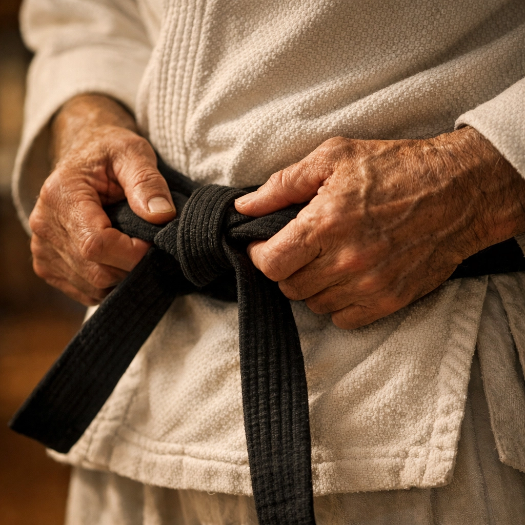 Hands tying a black belt symbolizing martial arts mastery achieved through consistent practice