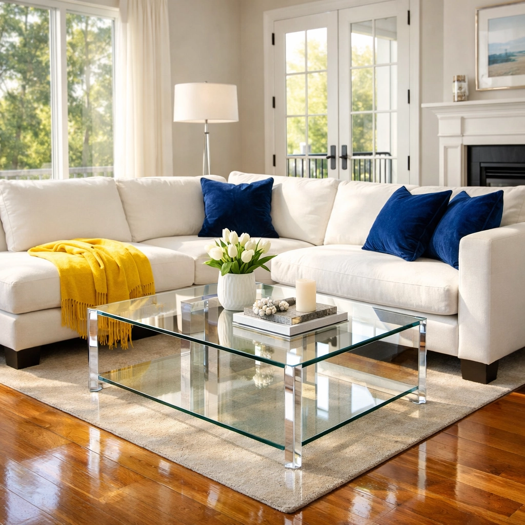 Pristine living room in Shirley MA with polished floors after professional house cleaning service.