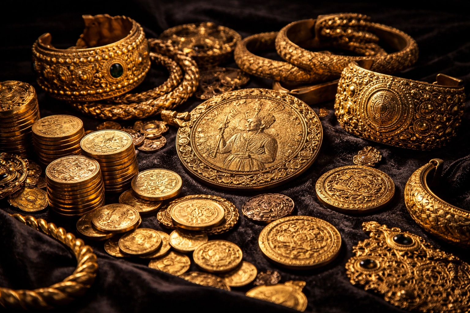 The Proven Power of Daily Black Excellence: From Today's Success Stories to Ancient Kemet Greatness Ancient African gold coins and jewelry on black velvet showcase Mansa Musa's legacy and Black wealth heritage.