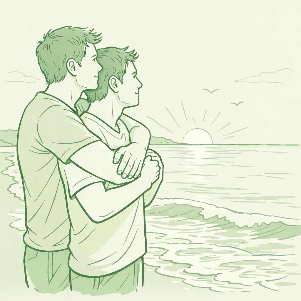 MM romance commitment scene - two men embracing at sunrise on Provincetown beach