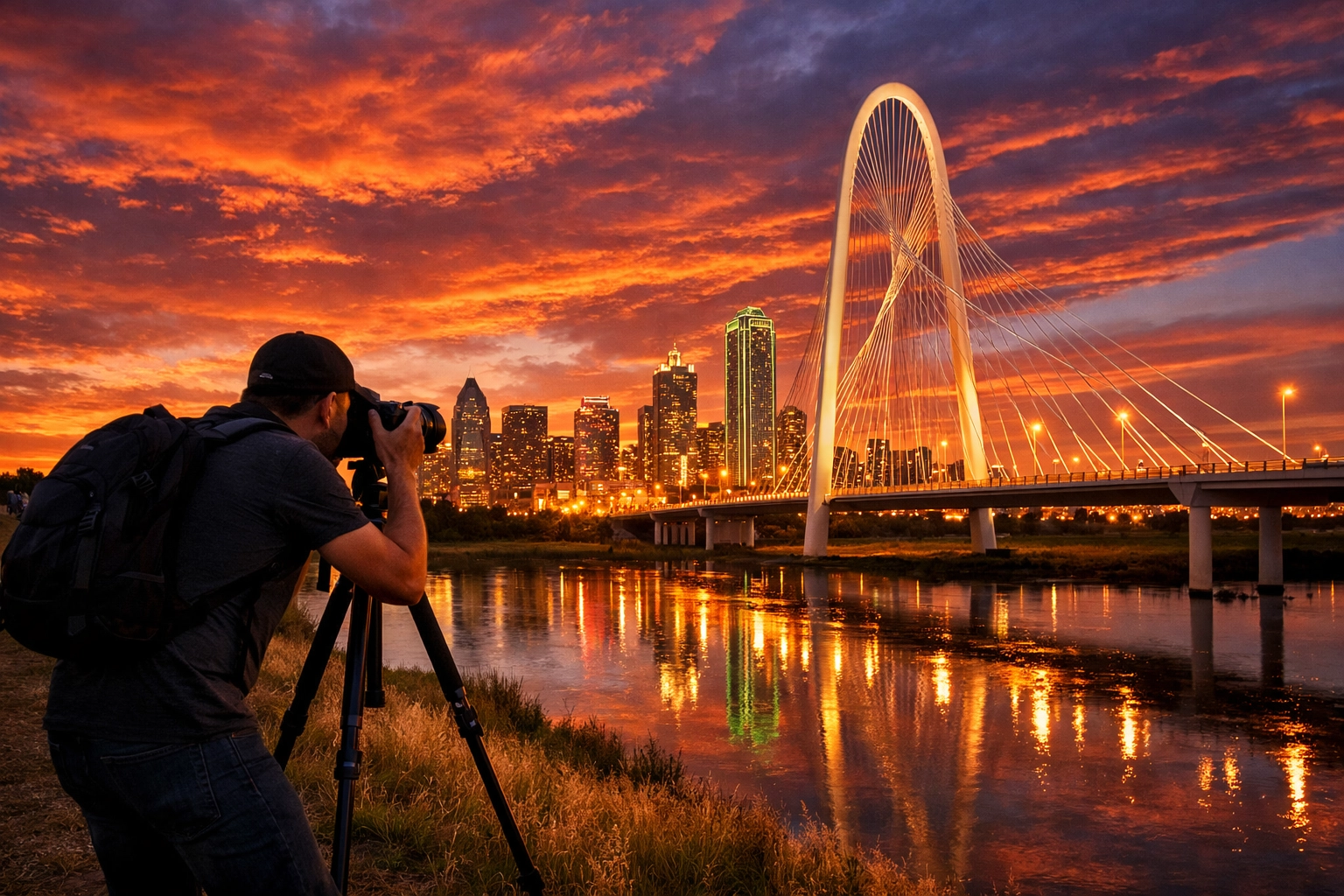 Professional photographer capturing the Dallas skyline and Margaret Hunt Hill Bridge at sunset.