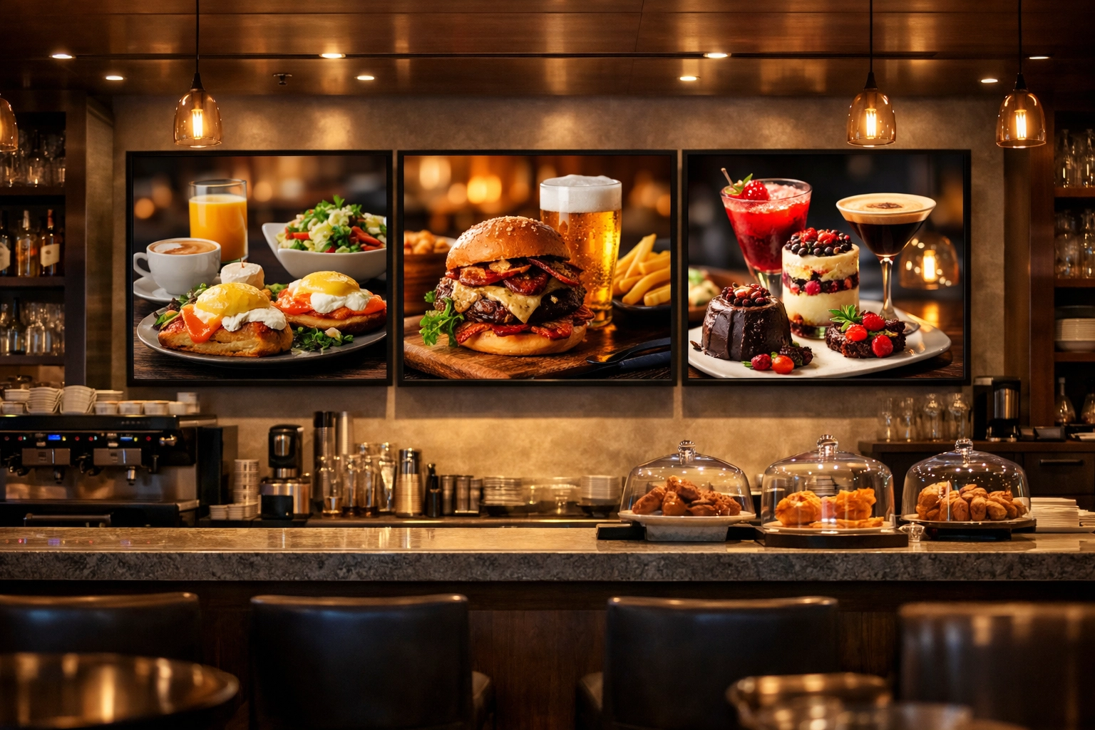 Synchronized digital menu boards in a modern bistro showcasing high-quality food and drink visuals.