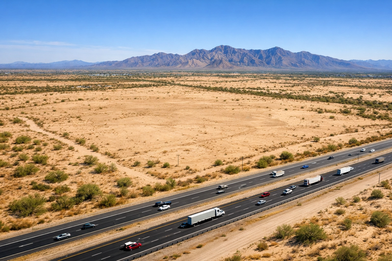 Aerial view of 272-acre land parcels near Interstate 10 in Buckeye Arizona auctioned for $62.5 million