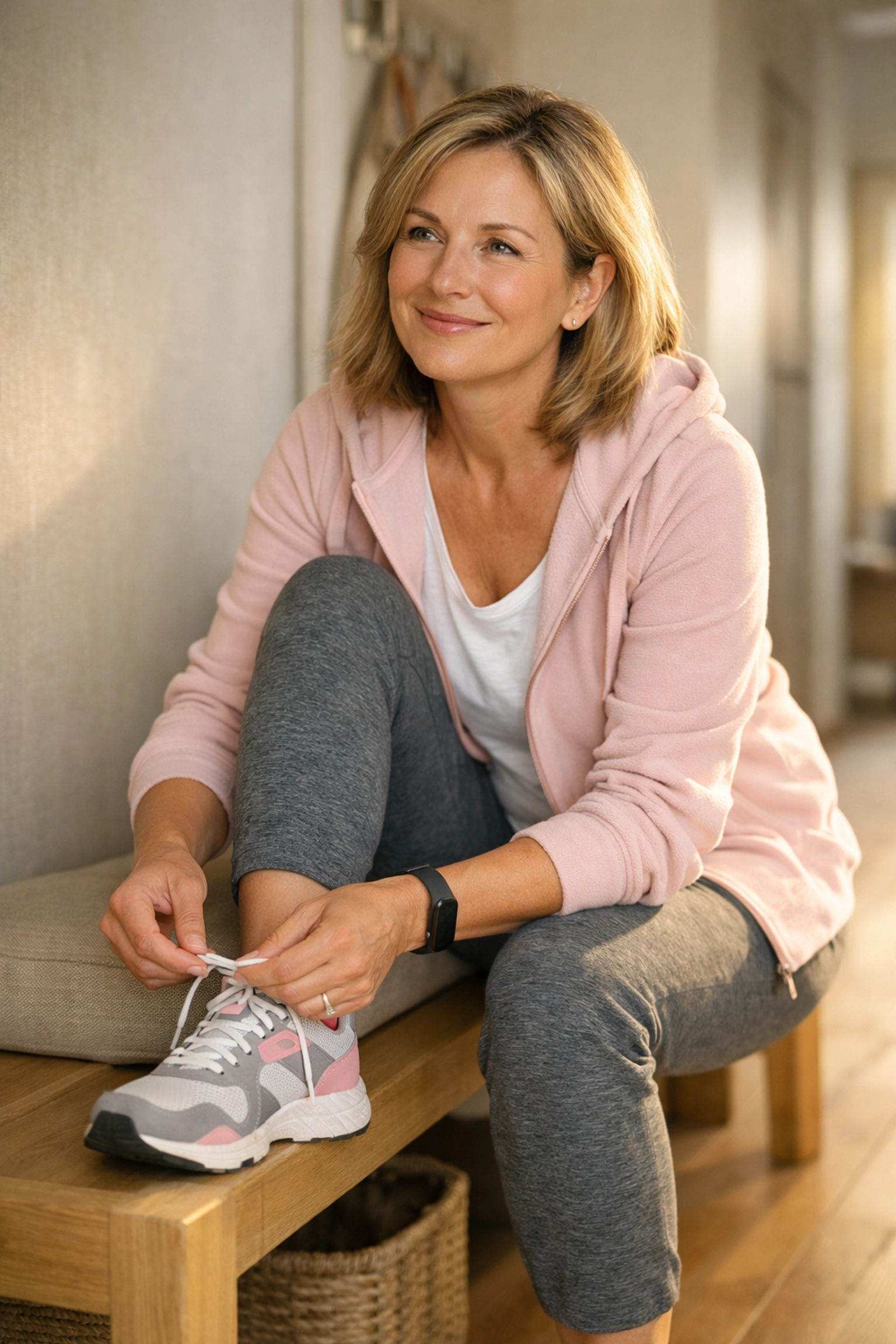 Midlife woman smiling while lacing up trainers, reflecting relief from perimenopause joint pain and inflammation symptoms.