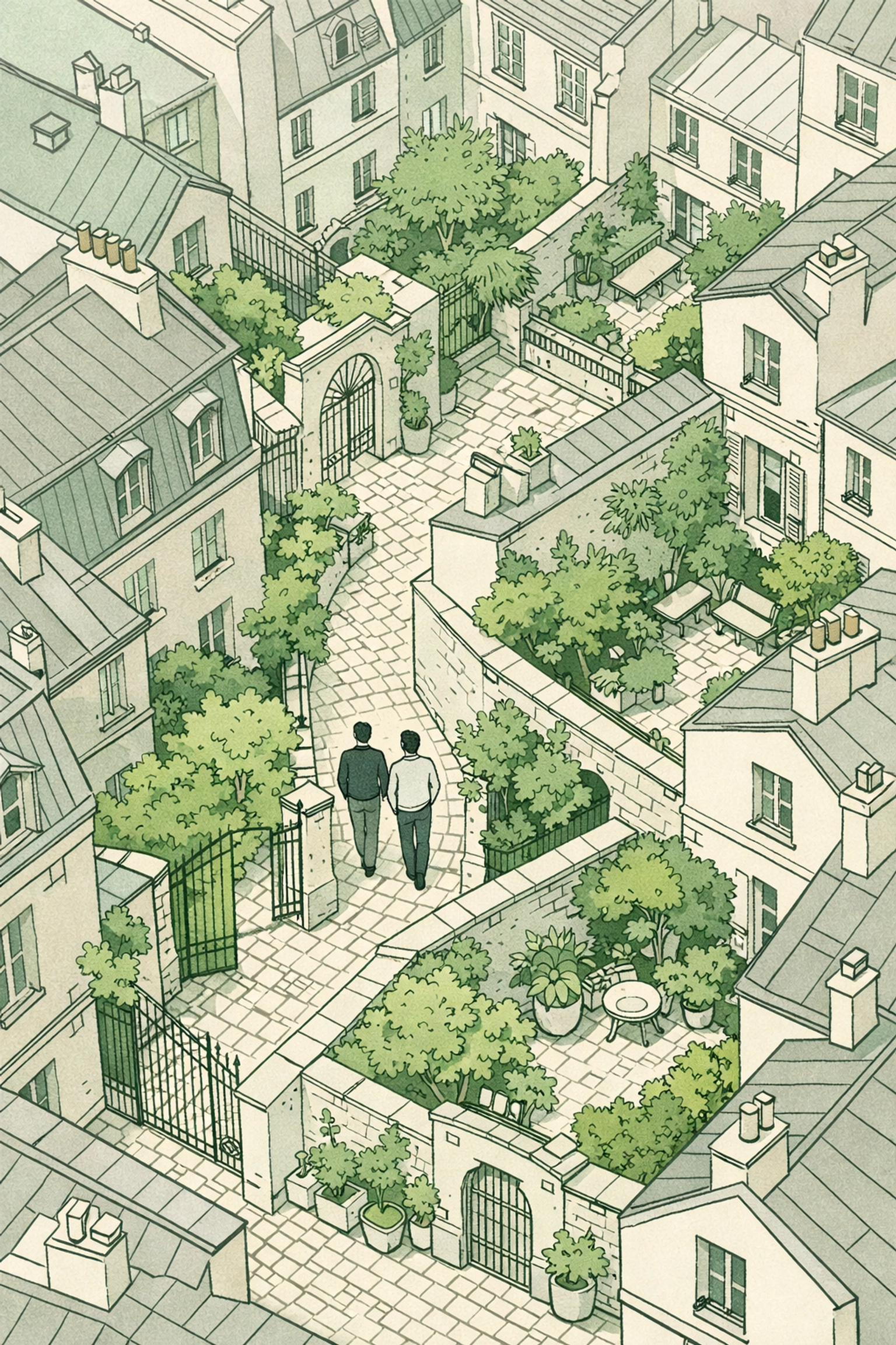 Aerial view of two men exploring secret gardens in LGBTQ-friendly Marais district Paris