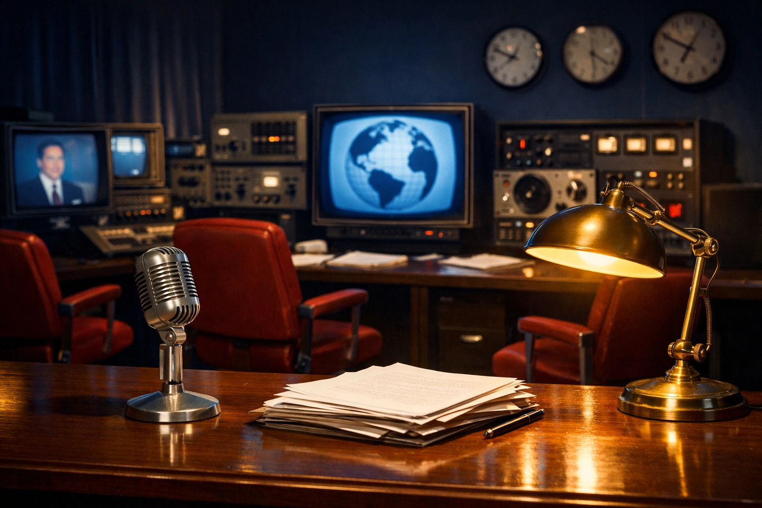 Calm old-school newsroom with vintage monitors and a silver microphone, symbolizing the peaceful reporting of The McReport.