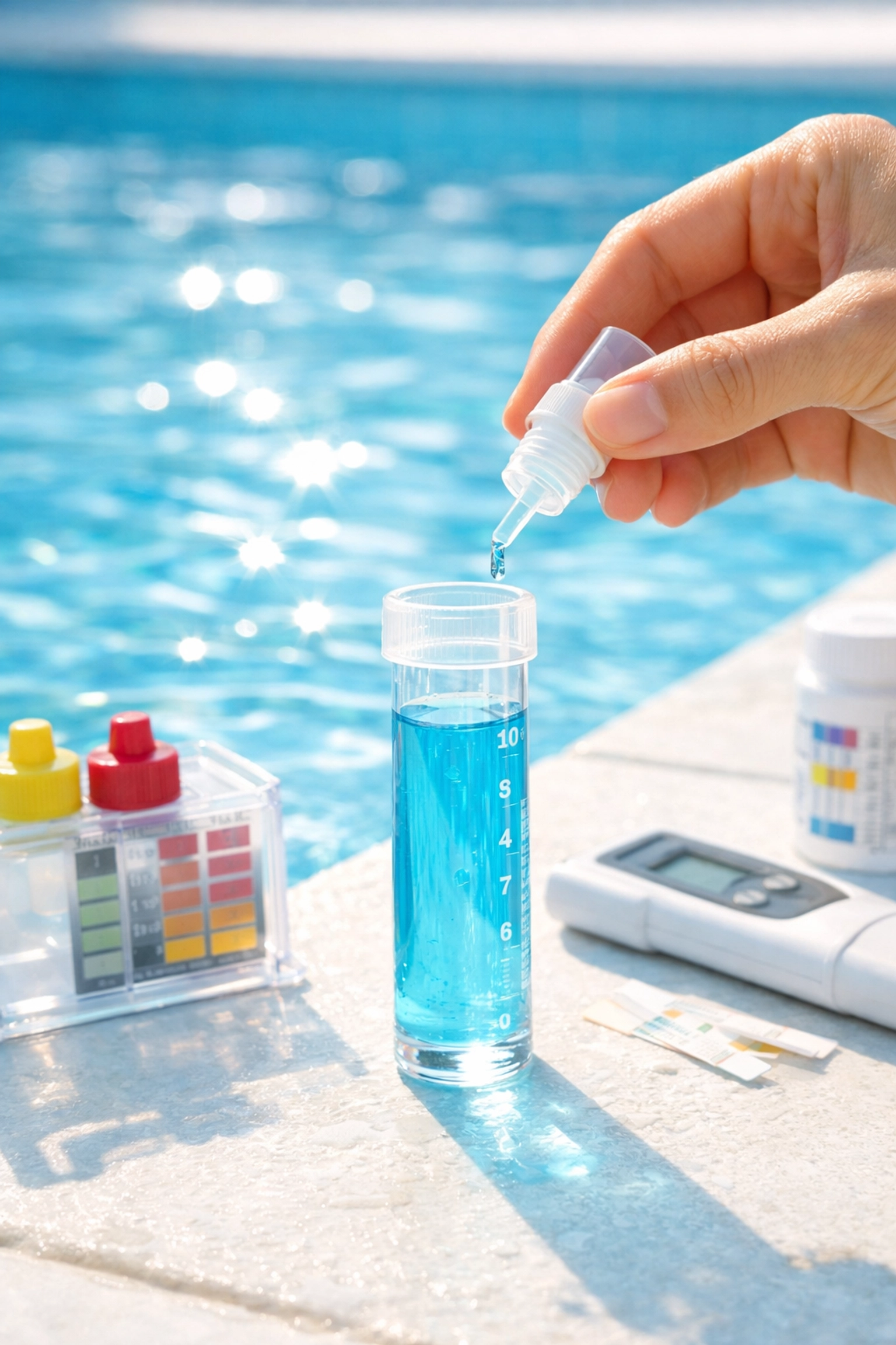 Testing pool water chemistry with a professional kit to maintain balanced salt and pH levels.